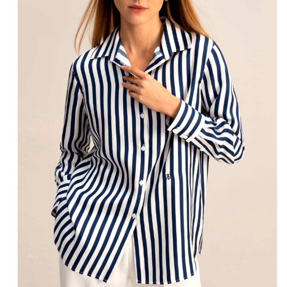 Lilysilk Amalfi Stripe Silk Shirt Blue White Pinstripes Petite Size S